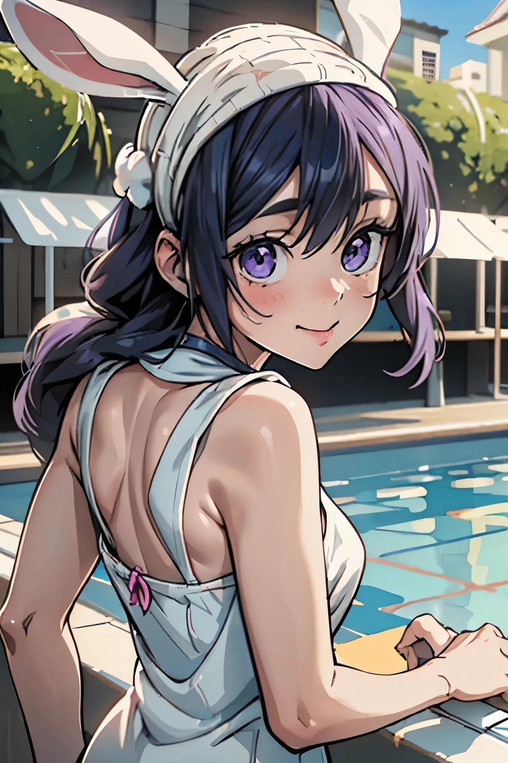 1 rabbit girl、From behind、cute、Whole Body Ezbian、Baby Face、Big eyes、cute eyes、Purple eyes、cheek、Laughing with your mouth open、bikini、Big Breasts, Cleavage、Highest quality、Watercolor style、By the pool、