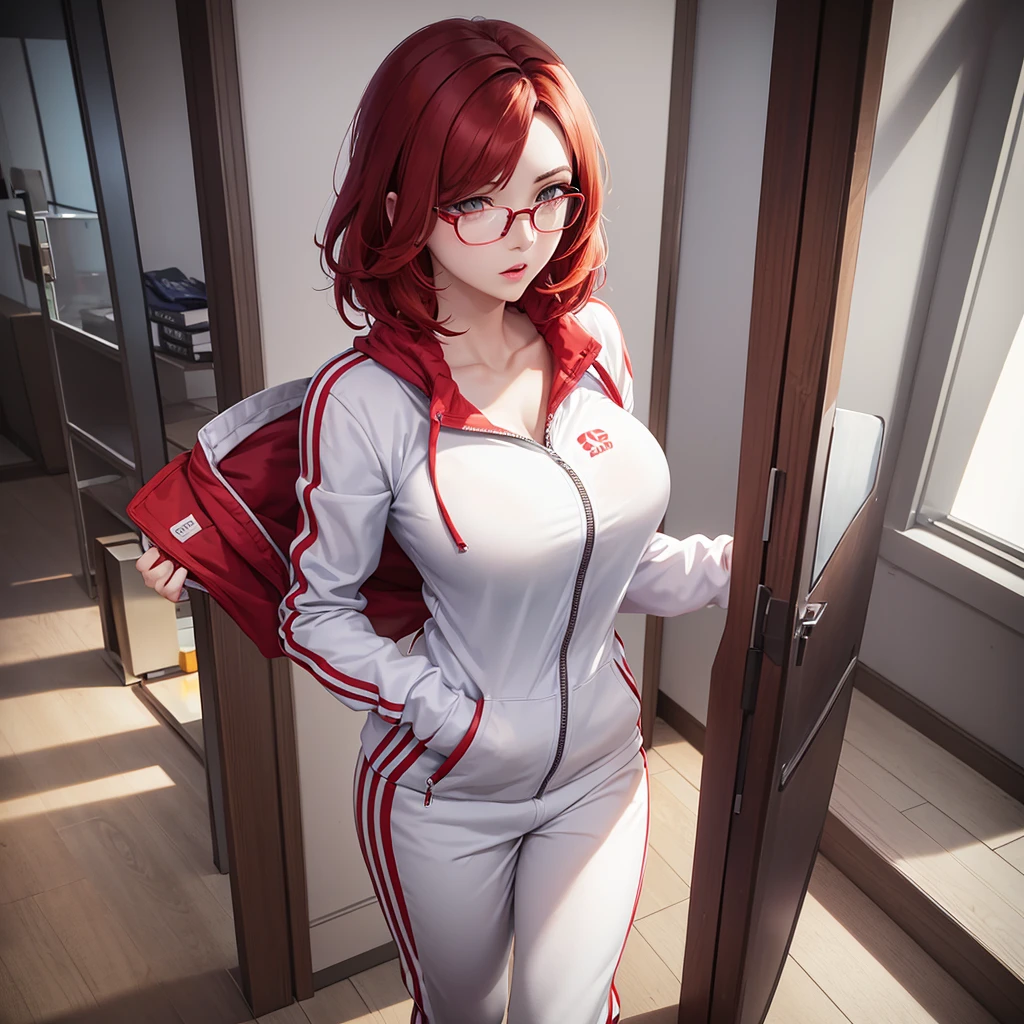 woman with short red hair, white eyes, glasses, tall body, big breasts, wearing a tracksuits, in the school