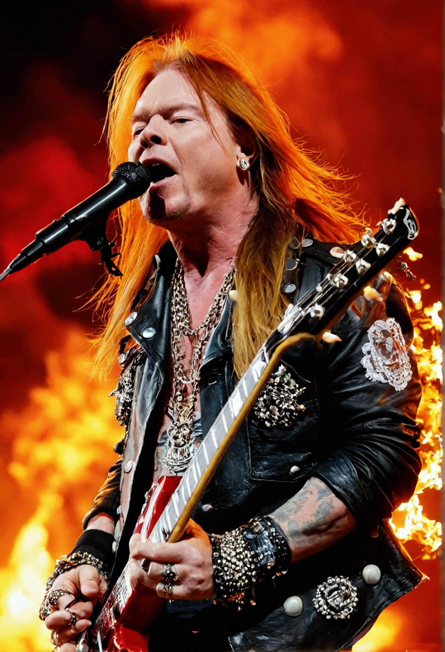 Axl Roses, Concert, fire, long hair, burst