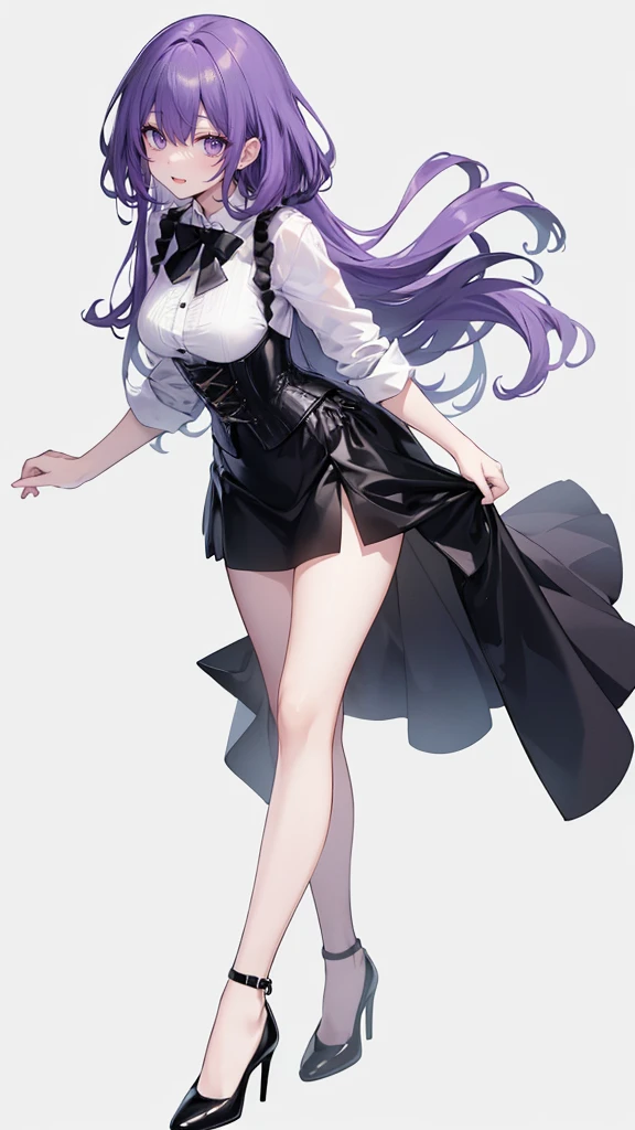 Purple Hair,Long Hair,Adult female,(suit),White shirt,((Roll up his sleeves)),(corset),(Black tight skirt),(High heels),((Simple white background)),smile,((whole body)),((whole body)),
