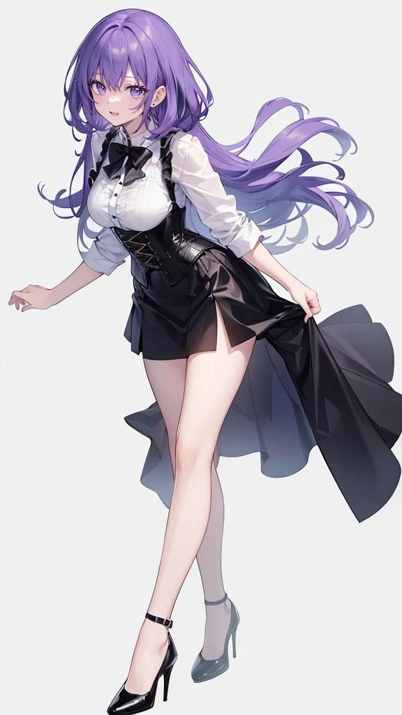 Purple Hair,Long Hair,Adult female,(suit),White shirt,((Roll up his sleeves)),(corset),(Black tight skirt),(High heels),((Simple white background)),smile,((whole body)),((whole body)),