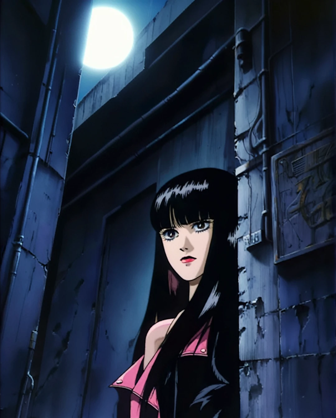 Masterpiece, photorealistic, highly detailed, a young woman with smooth  dark long black hair with bangs and black eyes and black lips, wearing leather jacket and leather pants, standing, looking at camera, in a gloomy smoke filled alley at night with a full moon, BREAK, Art style by Yoshiaki Kawajiri and Tsukasa Hojo and Toshihiro Kawamoto - -intricately detailed face - -80s and 90s anime still - -1980s retro anime - -1980s and 1990s anime retro nostalgia -highly detailed profile BREAK, ARISTYLE4, Soft Pastel -depth of field, Cinematic Angles, Dynamic angles, (((masterpiece))), perfect face, ((full body shot)),