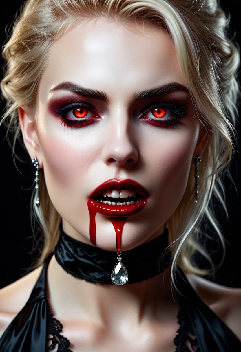 a portrait of vampire with a bloody tear coming down from the eye, an exotic beautiful female vampire, blond hair color, dynamic hair style, ultra detailed face, best detailed face, silver eye color, ((1single red teardrop, teardrop made of blood coming down from the eye: 1.3)), small cleavage, wearing two black diamond earrings, Ultra-high resolution, High Contrast, (masterpiece:1.5), highest quality, Best aesthetics), 16K fantasy art, best details, best quality, highres, (ultra wide angle: 1.2), 16k, [ultra detailed], masterpiece, best quality, (extremely detailed), ladyshadow, magical sky, crying style, vampire teeth, goth person