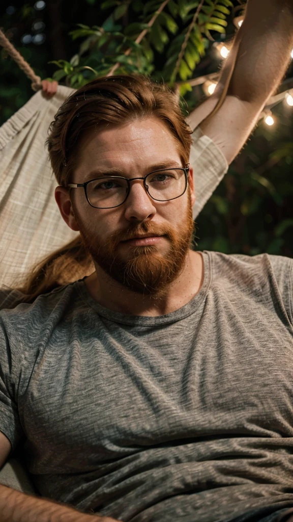 A portrait of a muscular redhead bearded man with short hair and a long beard wearing glasses, wearing shirt, laying on the hammock at the park, night, sleep(Best quality, 4k, Masterpiece :1.3)