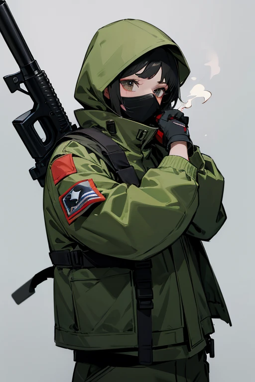 Balaclava,army jacket,full face masked, Break holding shootgun,perfect shootgun,detailed shootgun,Break perfect hands,Break forest,background