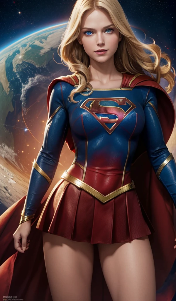 The actress Milly Alcock as the character Supergirl, traditional 'S' in the chest, extremely beautiful blue eyes, beautiful blond hair, incredible beautifulanatomy, smooth curves, perfect anatomy, underneath angle view, perfect smile, red cape, space in the background 