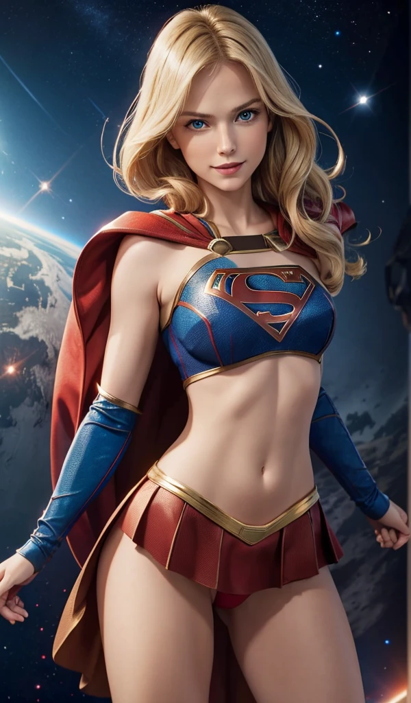 The actress Milly Alcock as the character Supergirl, traditional 'S' in the chest, extremely beautiful blue eyes, beautiful blond hair, incredible beautifulanatomy, smooth curves, perfect anatomy, underneath angle view, perfect smile, red cape, space in the background 