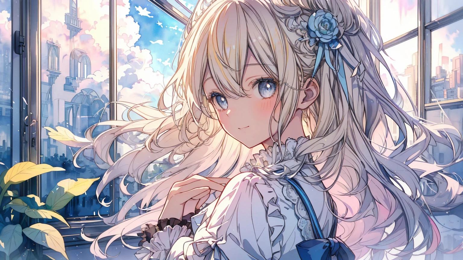((super detailed),sky background,beautiful clouds,The light from the back window is backlit.,element,Watercolor pattern in calm colors),(watercolor texture), ((1 girl),long gray hair,blonde hair,blue eyes,adorable,Angelic),light smile,ta prostitute,best image quality