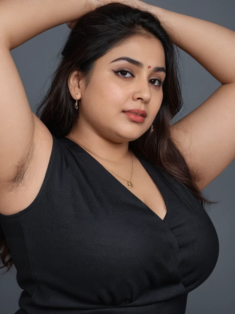 hyper realistic indianbeautiufl woman showing her chubby underarms, chubby arms, sleeveless black blouse, realistic underarms, detailed skin texture, realism, ultra hd, 8k resolution.