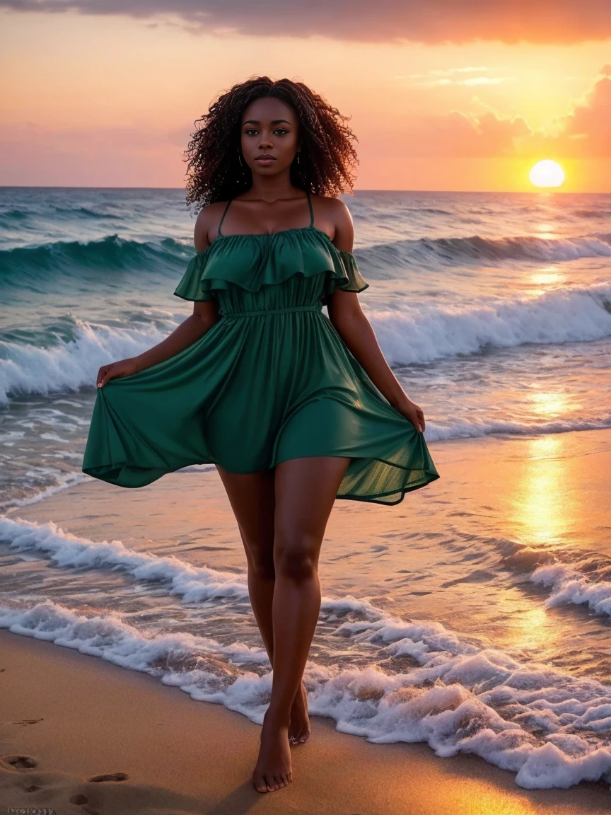 detailed portrait of a beautiful woman with green eyes, chocolate skin, and curly hair, walking on a beach with a handsome African-American man during a summer sunset, cinematic lighting, highly detailed, photorealistic, (best quality,4k,8k,highres,masterpiece:1.2),ultra-detailed,(realistic,photorealistic,photo-realistic:1.37),dramatic lighting,dramatic colors,vivid colors,stunning sunset sky,ocean waves,wet sand,romantic atmosphere