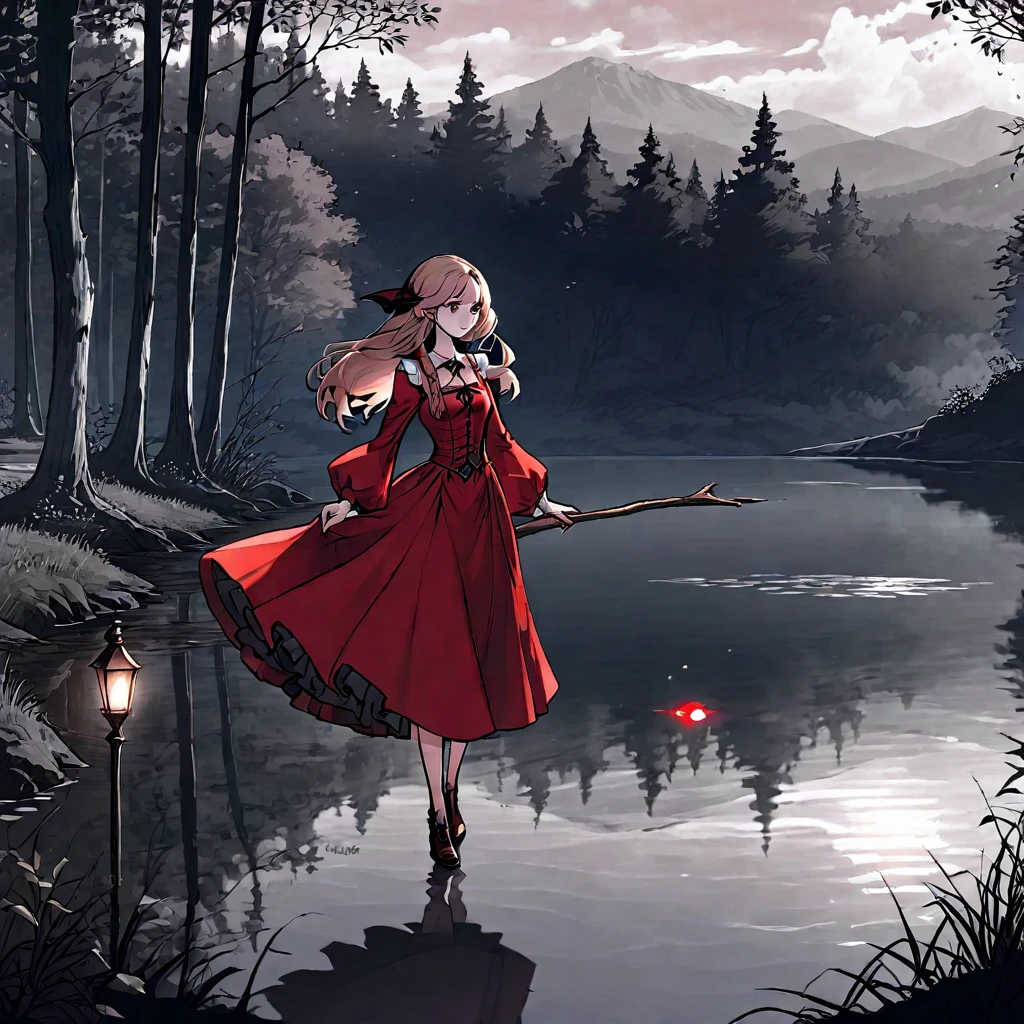 (best quality, 8k, masterpiece) A beautiful young witch，Wearing a red dress（European medieval style，Gothic style），Walking alone by the lake in the woods。Line drawing style，Suspenseful dark style。