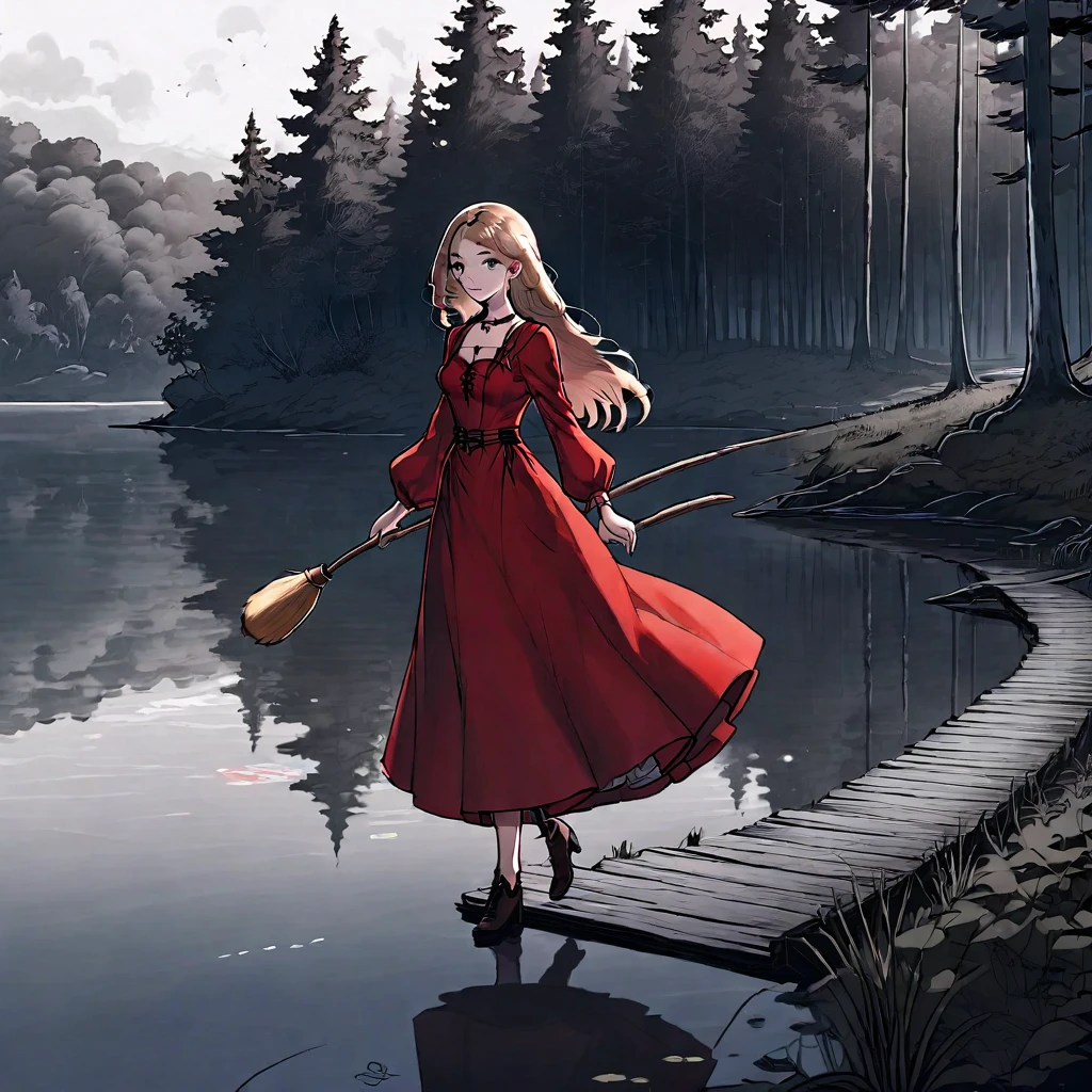 (best quality, 8k, masterpiece) A beautiful young witch，Wearing a red dress（European medieval style，Gothic style），Walking alone by the lake in the woods。Line drawing style，Suspenseful dark style。