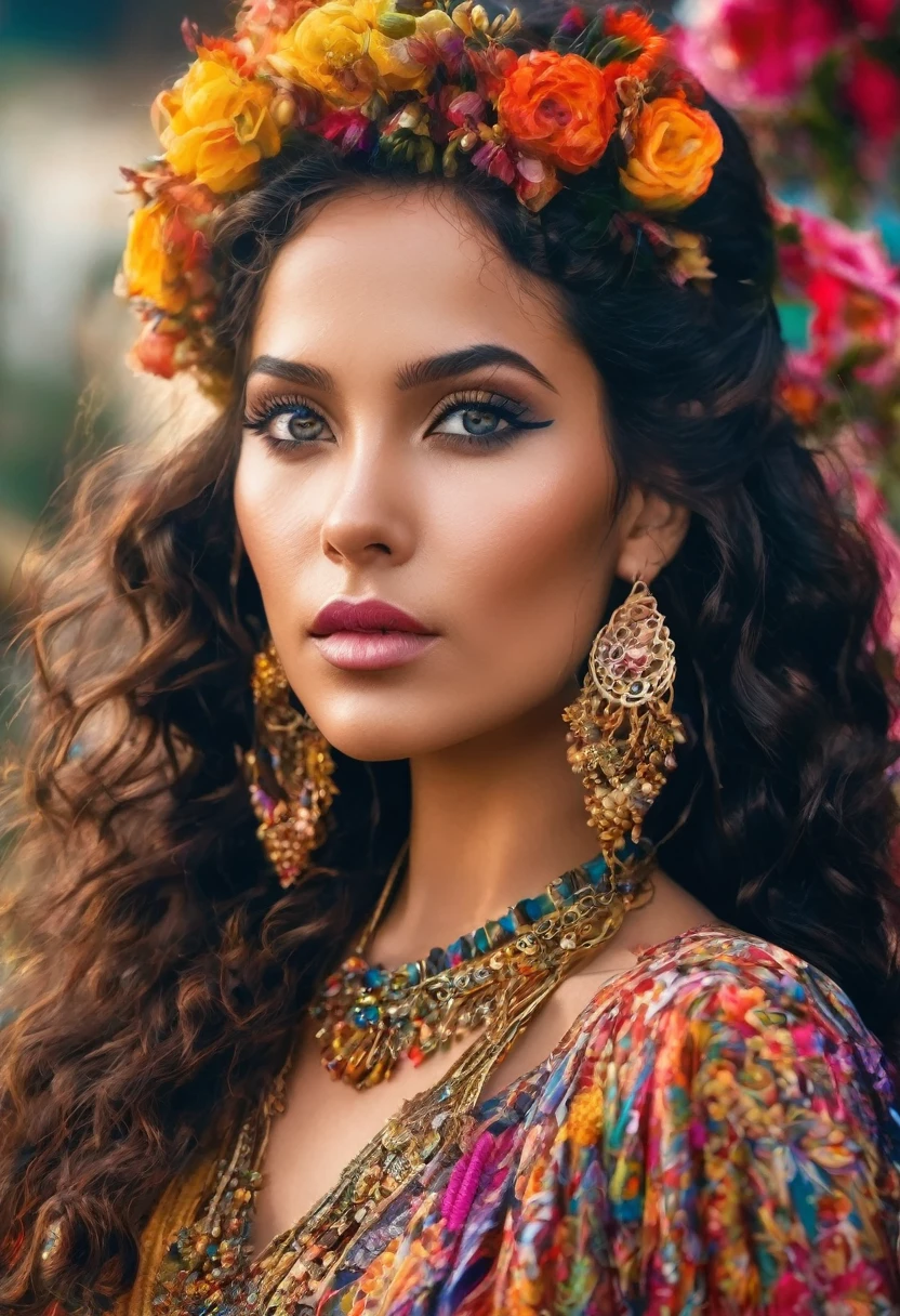 (cigana sulamita )) milhões de rosas amarelas e vermelhas , Ergue-se alto e mostra sua figura perfeita em todos os momentos cobre todo o corpo Vesti-se em uma linda saia rodada longa colorida, blusa bufante cheia de babados ((Cenário floresta )), super bonita, 8K realista , ((cabelos negros)), pele-Morena-Dourada, olhos negros, Corpo muscular ultrarrealista, vesti-se com uma roupa de cigana mágica , com um toque mágico e místico, com cabelo estilo slime , portanto, inspirado em Izzy Medrano, 3D 18K UHD., pulseiras douradas, , brincos dourados ,16k, Elementos: Terra 8K UHD SURREAL. Beautiful stunning woman adorned in ornate, colorful jewelry and clothing that appears to be inspired by"gypsy" style. She has long, dark curly hair with flowers tucked into it. Her makeup emphasizes her eyes, and she's wearing large, dangling earrings and multiple necklaces with colorful beads and pendants. The woman's clothing includes vibrant fabrics with patterns. The overall aesthetic is very bohemian and romantic, evoking a free-spirited, nomadic culture. The lighting in the image is warm, giving it a rich, golden glow that enhances the romantic atmosphere.woman adorned in ornate, colorful jewelry and clothing that appears to be inspired by Romani or "gypsy" style. She has long, dark curly hair with flowers tucked into it. Her makeup emphasizes her eyes, and she's wearing large, dangling earrings and multiple necklaces with colorful beads and pendants. The woman's clothing includes vibrant fabrics with patterns. The overall aesthetic is very bohemian and romantic, evoking a free-spirited, cigana culture. The lighting in the image is warm, giving it a rich, golden glow that enhances the romantic atmosphere UHD 18K.