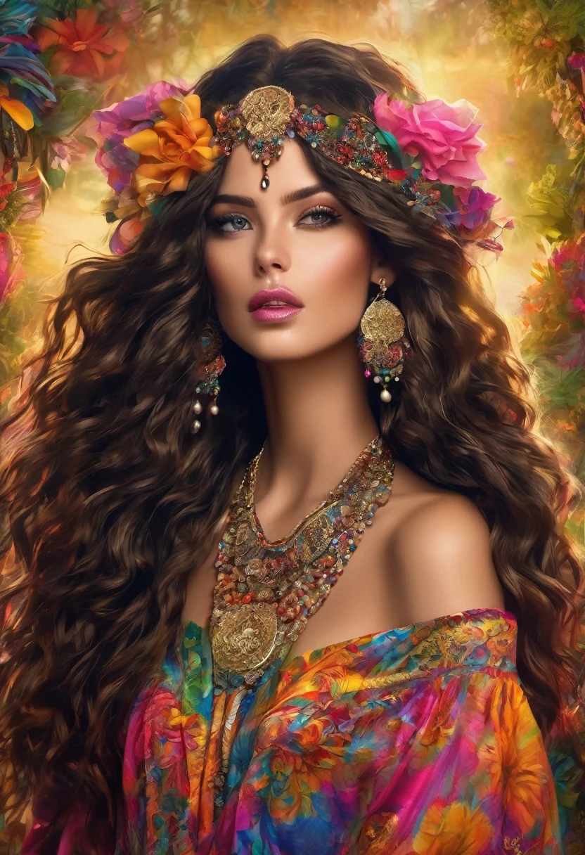 (cigana sulamita )) milhões de rosas amarelas e vermelhas , Ergue-se alto e mostra sua figura perfeita em todos os momentos cobre todo o corpo Vesti-se em uma linda saia rodada longa colorida, blusa bufante cheia de babados ((Cenário floresta )), super bonita, 8K realista , ((cabelos negros)), pele-Morena-Dourada, olhos negros, Corpo muscular ultrarrealista, vesti-se com uma roupa de cigana mágica , com um toque mágico e místico, com cabelo estilo slime , portanto, inspirado em Izzy Medrano, 3D 18K UHD., pulseiras douradas, , brincos dourados ,16k, Elementos: Terra 8K UHD SURREAL. Beautiful stunning woman adorned in ornate, colorful jewelry and clothing that appears to be inspired by"gypsy" style. She has long, dark curly hair with flowers tucked into it. Her makeup emphasizes her eyes, and she's wearing large, dangling earrings and multiple necklaces with colorful beads and pendants. The woman's clothing includes vibrant fabrics with patterns. The overall aesthetic is very bohemian and romantic, evoking a free-spirited, nomadic culture. The lighting in the image is warm, giving it a rich, golden glow that enhances the romantic atmosphere.woman adorned in ornate, colorful jewelry and clothing that appears to be inspired by Romani or "gypsy" style. She has long, dark curly hair with flowers tucked into it. Her makeup emphasizes her eyes, and she's wearing large, dangling earrings and multiple necklaces with colorful beads and pendants. The woman's clothing includes vibrant fabrics with patterns. The overall aesthetic is very bohemian and romantic, evoking a free-spirited, cigana culture. The lighting in the image is warm, giving it a rich, golden glow that enhances the romantic atmosphere UHD 18K.
