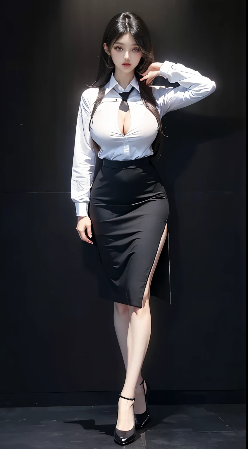 Photorealistic, high resolution, full body shot shot,1. extremely hyper, Busty and sexy little woman,extremely hyper,Have oversized big breasts,Long cleavage,Extremely large breasts, big breasts thin waist,Especially the exaggerated giant fat buttocks,Unbelievably exaggerated long legs,Super long big thick legs, Hips up, Beautiful eyes, White hair, Long hair, ringed eyes, Collared shirt, black necktie,Black skirt, pencil skirts,Black booties,full body shot shot。