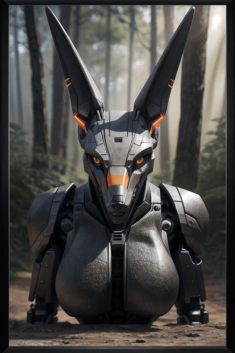 A photorealistic masterpiece captures a striking robotic jackal, its blocky angular mechanical head and breasts grafted onto a black body. Sharp, glowing orange eyes pierce the viewer's gaze, as it kneels, its mechanical clawhands grasping for something unseen. The bulletproof vest and digital camouflage add a touch of ruggedness to this mechanical creature's demeanor. Framed by a serene forest backdrop with a blue sky, the jackal tilts its head towards the viewer, pitching its chin up and parting its metallic sheen lips slightly, exuding an air of intensity.