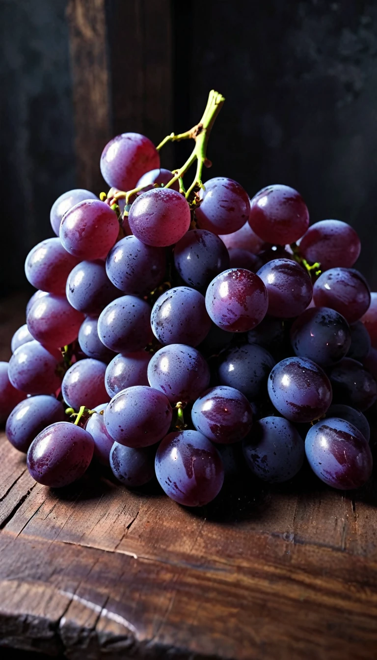 ((Masterpieces in up to 16K resolution):1.6),((soft_color_photography:)1.5), ((Super detailed):1.4),((Typical static images and dynamic angles):1.3),A bunch of fresh intact purple grapes.Flat lay on wooden table with black thick ink strokes background(Shimmer), (Visual experience) ,(realism), (actual),Award-winning graphics, Hidden Shot, film grain, Very detailed, Digital art, instant transfer, Unreal Engine, Scene concept anti-glare effect, All captured in sharp focus.