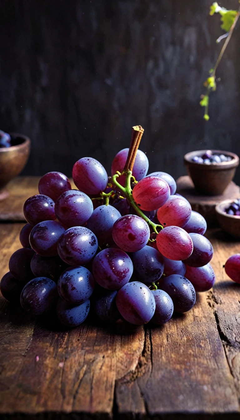 ((Masterpieces in up to 16K resolution):1.6),((soft_color_photography:)1.5), ((Super detailed):1.4),((Typical static images and dynamic angles):1.3),A bunch of fresh intact purple grapes.Flat lay on wooden table with black thick ink strokes background(Shimmer), (Visual experience) ,(realism), (actual),Award-winning graphics, Hidden Shot, film grain, Very detailed, Digital art, instant transfer, Unreal Engine, Scene concept anti-glare effect, All captured in sharp focus.