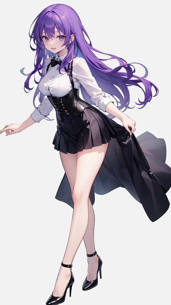 Purple Hair,Long Hair,Adult female,(suit),White shirt,((Roll up his sleeves)),(corset),(Black tight skirt),(High heels),((Simple white background)),smile,((whole body)),((whole body)),