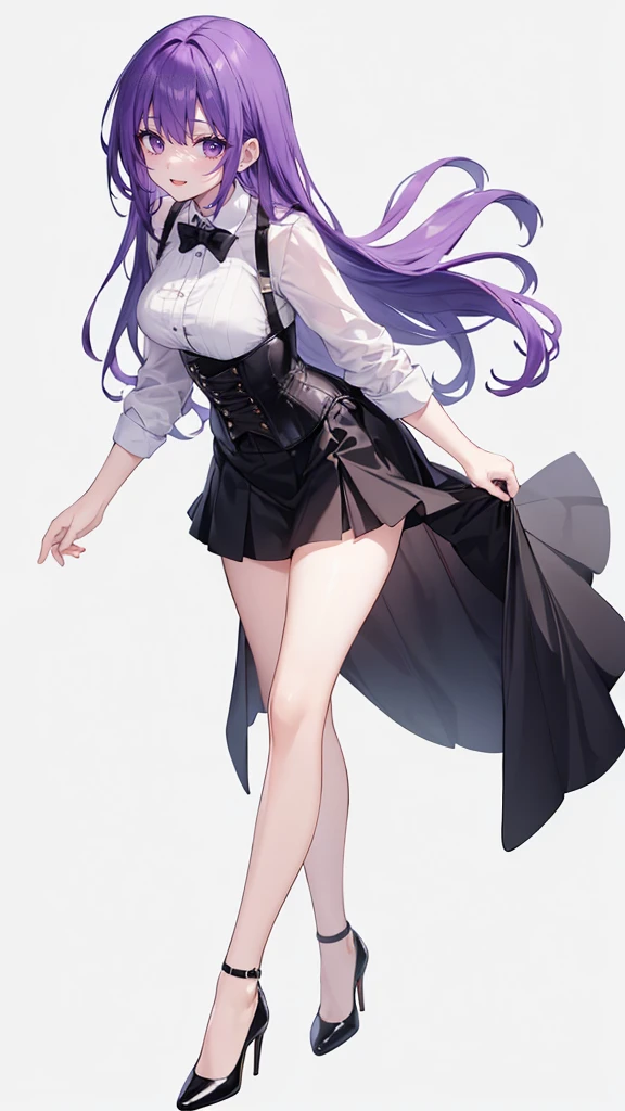 Purple Hair,Long Hair,Adult female,(suit),White shirt,((Roll up his sleeves)),(corset),(Black tight skirt),(High heels),((Simple white background)),smile,((whole body)),((whole body)),