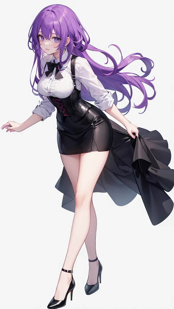 Purple Hair,Long Hair,Adult female,(suit),White shirt,((Roll up his sleeves)),(corset),(Black tight skirt),(High heels),((Simple white background)),smile,((whole body)),((whole body)),