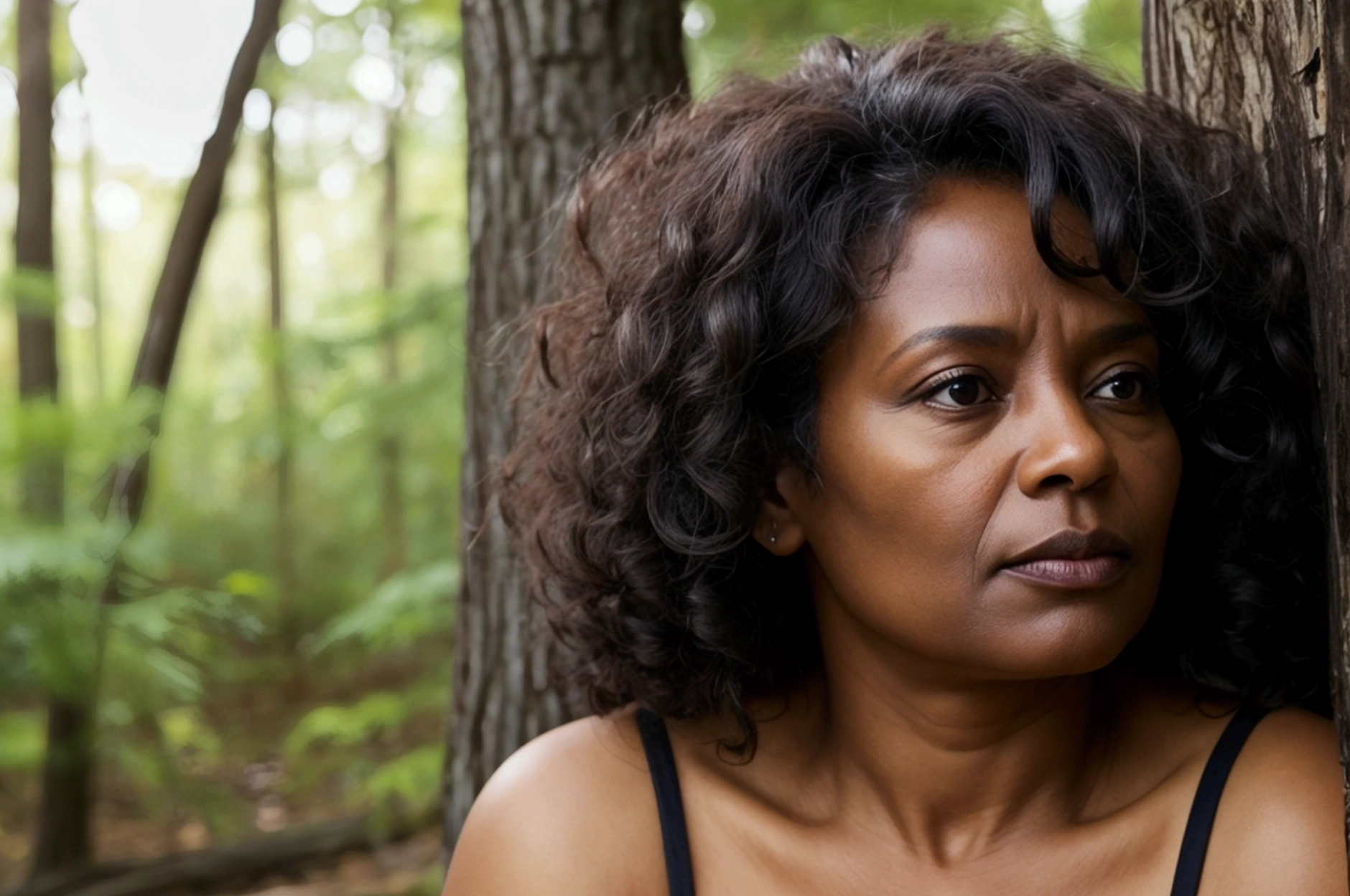 adult woman face,
black, dark skin color, curly hair, age 50 years old, pensive, reflecting, looking at the forest