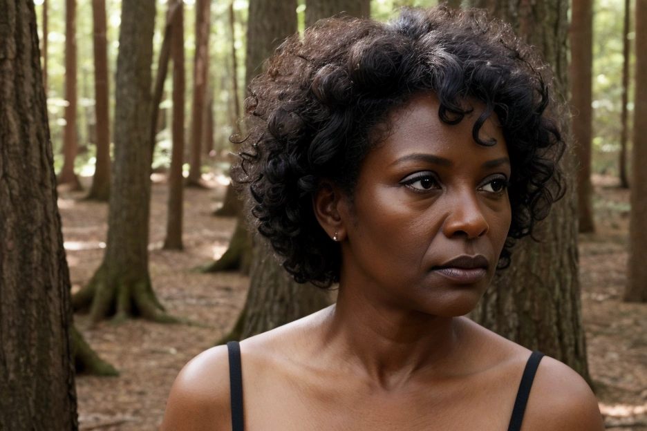 adult woman face,
black, dark skin color, curly hair, age 50 years old, pensive, reflecting, looking at the forest