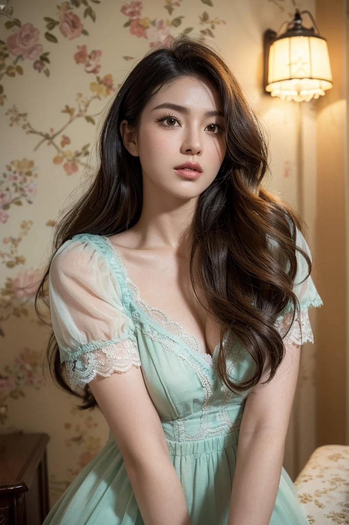 a stunningly realistic, high resolution 8K photo of a beautiful 30-year-old woman, ((messy side wave long hair)), and a glamorous figure, dramatic lighting, masterpiece, immersive atmosphere, chiaroscuro:(1.5, bright light:1.2, luminous lighting), (background blur:1.5), blurring, best quality, photorealistic, ultra-detailed, HDR, physically-based rendering, studio lighting, vivid colors, bokeh, (real skin texture:1.3), high contrast, (Fuji Color:1.5), Film grain, seductive detailed eyes and face, dynamic lighting, in the dark, deep shadow, low key, cowboy shot, Light on Face, very detailed lips, Detailed eyes, City Street,hyperdetailed face, very detailed lips, Detailed eyes, (Wear clothes that show the lines of your body),(Lace costumes:1.2), Retro atmosphere, perhaps vintage decor with pastel colors. An old living room with walls decorated with retro wallpaper, wooden furniture, vintage accessories. A warm and intimate atmosphere.