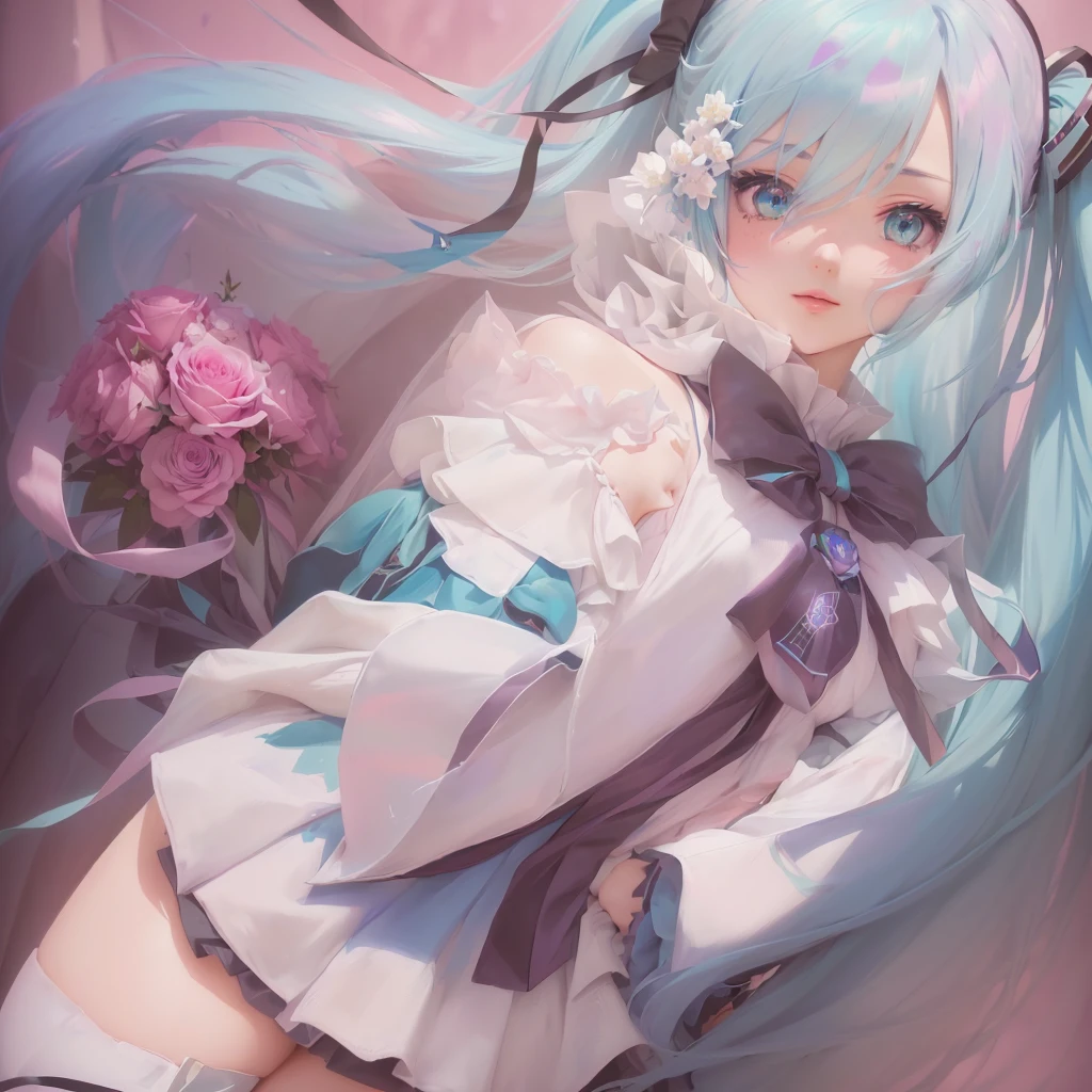 Anime girl with blue hair and a white dress holding a pink rose, hatsune miku portrait, Anime Style 4k, Anime Art Wallpapers 8K, portrait of hatsune miku, anime art wallpaper 4k, anime art wallpaper 4k, Best anime 4k konachan wallpaper, 4k anime wallpaper, anime wallpaper 4k, anime wallpaper 4k, hatsune miku