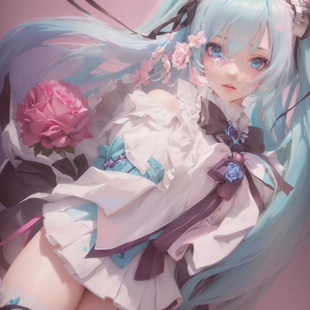 Anime girl with blue hair and a white dress holding a pink rose, hatsune miku portrait, Anime Style 4k, Anime Art Wallpapers 8K, portrait of hatsune miku, anime art wallpaper 4k, anime art wallpaper 4k, Best anime 4k konachan wallpaper, 4k anime wallpaper, anime wallpaper 4k, anime wallpaper 4k, hatsune miku