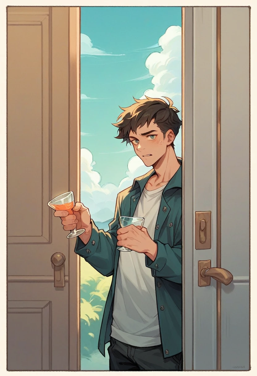 A dies because the door falls on him while he is holding a glass of water in his hand