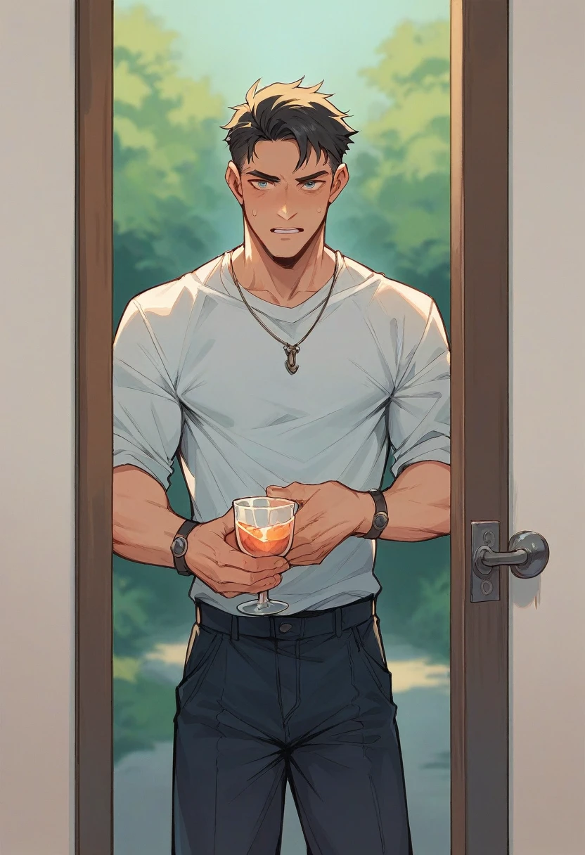 A  dies because the door falls on him while he is holding a glass of water in his hand 