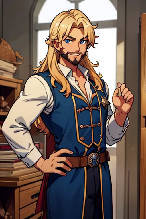Perfect face. Perfect hands. A blonde muscular haired cowboy with blue eyes and a dark beard and long hair in a sheriff's outfit is exploring the outlaw's den with a big smile