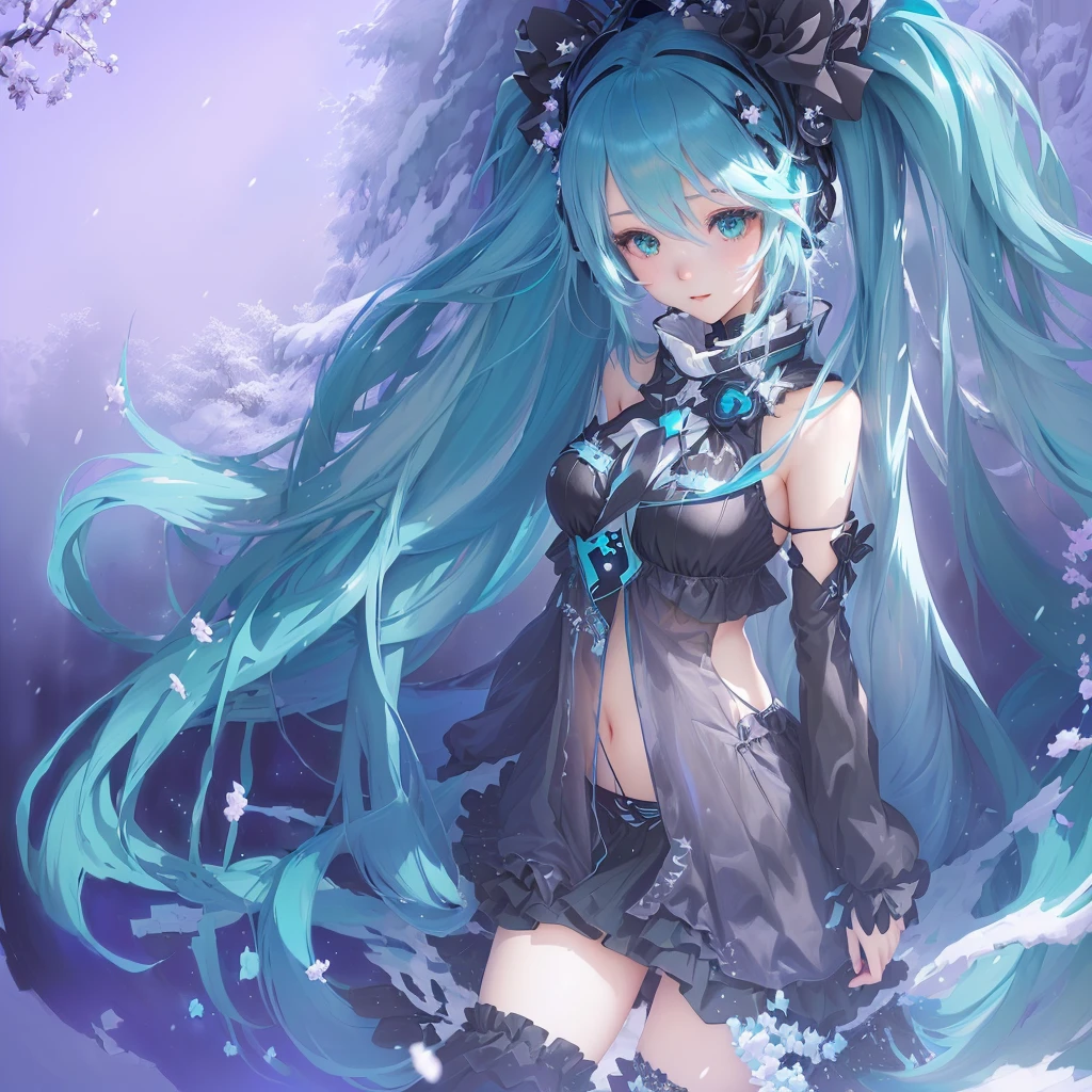 Anime girl with long blue hair and black dress in the snow, Miku, hatsune Miku, Nightcore, portrait of hatsune Miku, pixiv Contest Winner, hatsune Miku portrait, Mikudayo, Anime Style 4k, Digital art on Pixiv, Turquoise hair anime girl, Anime Moe Art Style, Zerochan Art, Enchanting anime girl, Vocaloid