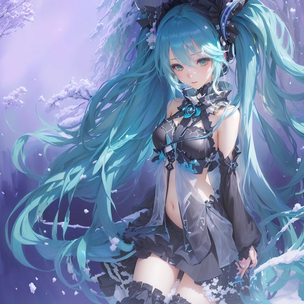 Anime girl with long blue hair and black dress in the snow, Miku, hatsune Miku, Nightcore, portrait of hatsune Miku, pixiv Contest Winner, hatsune Miku portrait, Mikudayo, Anime Style 4k, Digital art on Pixiv, Turquoise hair anime girl, Anime Moe Art Style, Zerochan Art, Enchanting anime girl, Vocaloid