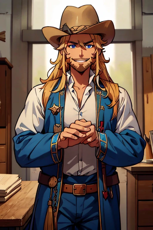 Perfect face. Perfect hands. A blonde muscular haired cowboy with blue eyes and a dark beard and long hair in a sheriff's outfit is exploring the outlaw's den with a big smile