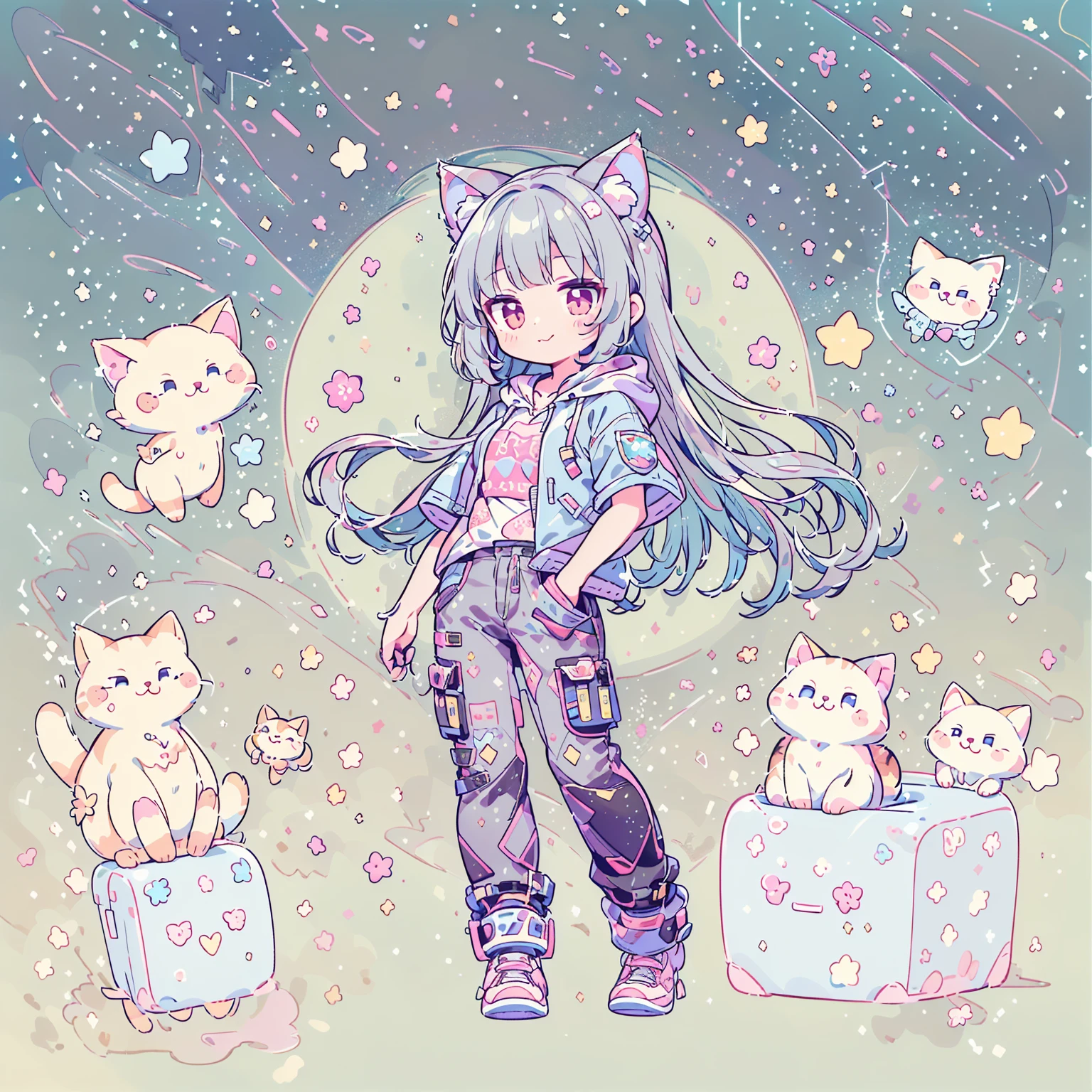 ((Highest quality，masterpiece，Extremely complex and exquisite details，A short girl with gray and blue cat ears and long hair is in the center，Gray blue super long straight hair，Curly hair at the ends，Sparse air bangs，Gray and pink T-shirt with xJ lettering，Denim hooded cropped jacket，Black and gray long cargo pants))，(pink and white sneakers，Smile slightly，Surrounded by tons of cute short-legged cats，Correct anatomy)，Super Q super cute short full body portrait，Starry sky background vertical painting space scene