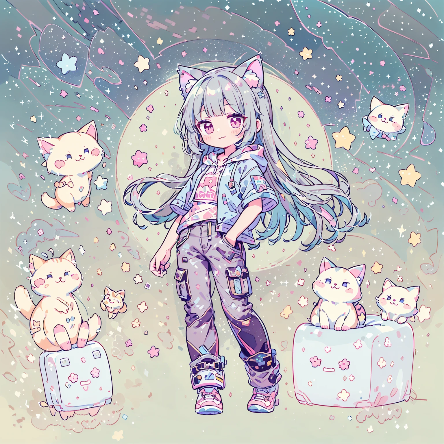 ((Highest quality，masterpiece，Extremely complex and exquisite details，A short girl with gray and blue cat ears and long hair is in the center，Gray blue super long straight hair，Curly hair at the ends，Sparse air bangs，Gray and pink T-shirt with xJ lettering，Denim hooded cropped jacket，Black and gray long cargo pants))，(pink and white sneakers，Smile slightly，Surrounded by tons of cute short-legged cats，Correct anatomy)，Super Q super cute short full body portrait，Starry sky background vertical painting space scene