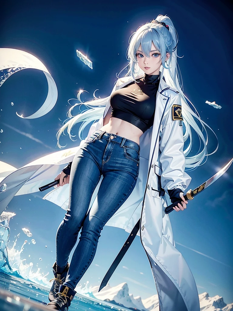 Asian，woman，25 years old，The appearance is overwhelming，Long white blue hair，Blue Eyes，Height 1.75 meters，Weight 54 kg，Golden ratio figure，The upper body is wearing a close-fitting blue Chinese sexy bellyband and a blue long-sleeved tactical jacket，Wearing black skinny jeans and tactical shoes，A Tang knife hangs from his waist，Cold personality，Surrounded by ice crystals