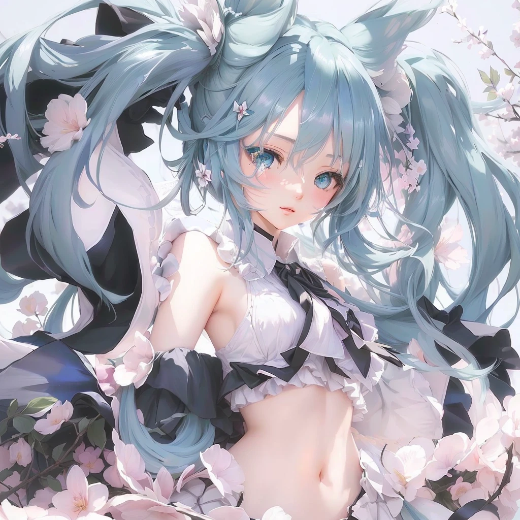 Anime girl with long hair and blue eyes posing in a flower bed, trending on artstation Pixiv, top rated on Pixiv, digital art on Pixiv, Mikudayo, Pixiv, guweiz on Pixiv artstation, Pixiv contest winner, Hatsune Miku portrait, Zerochan Art, Pixiv daily ranking, Hatsune Miku portrait