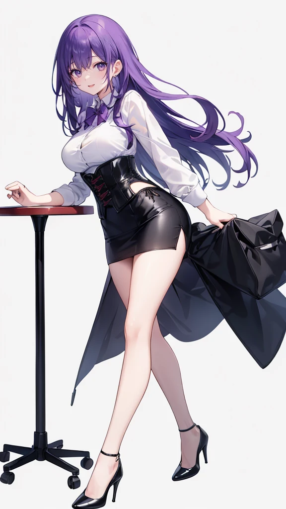 Purple Hair,Long Hair,Adult female,(suit),White shirt,((Roll up his sleeves)),(corset),(Black tight skirt),(High heels),((Simple white background)),smile,((whole body)),((whole body)),