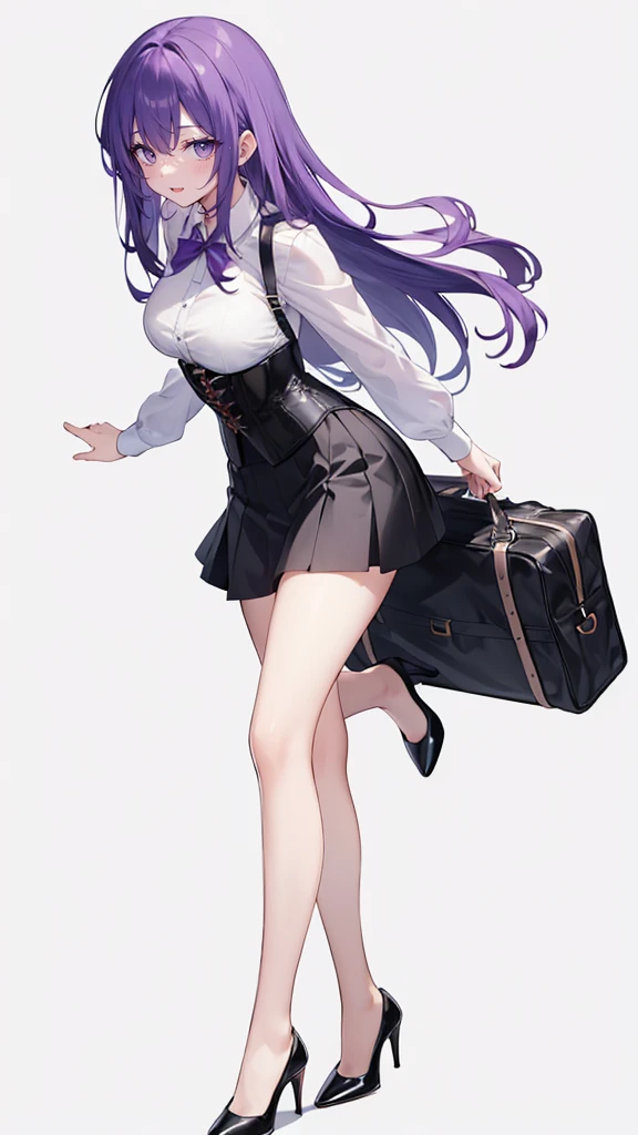 Purple Hair,long hair,Adult female,(suit),White Y-shirt,((Rolling up his sleeves)),(corset),(Black tight skirt),(High heels),Heels are visible,((Simple white background)),smile,((whole body)),((full body)),