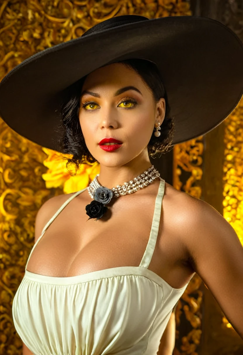 Best_QualityPos, RAW photo, intricate details, best quality, 8k uhd, soft lighting, 1girl, solo, alcina dimitrescu, hat, black hat, short hair, black hair, yellow eyes, colored skin, grey skin, dress, white dress, collarbone, rose, black flower, black rose, jewelry, earrings, necklace,  lipstick, makeup 