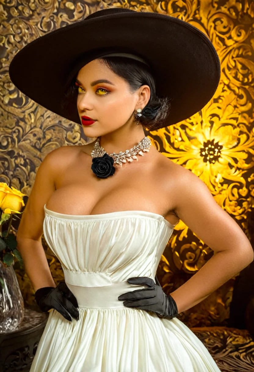 Best_QualityPos, RAW photo, intricate details, best quality, 8k uhd, soft lighting, 1girl, solo, alcina dimitrescu, hat, black hat, short hair, black hair, yellow eyes, colored skin, grey skin, dress, white dress, collarbone, rose, black flower, black rose, jewelry, earrings, necklace,  lipstick, makeup 