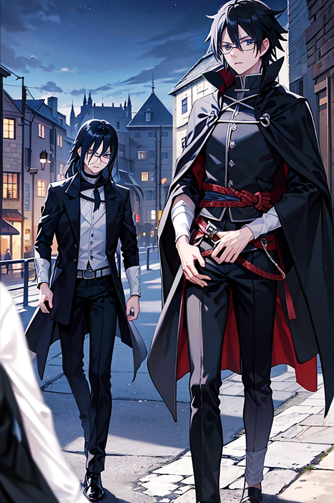 young man, magician, long black hair, blue eyes, wears glasses, wears black magician clothes, hair like Sasuke Uchiha's, cold personality. Manly, medieval city background, adventurous magician.