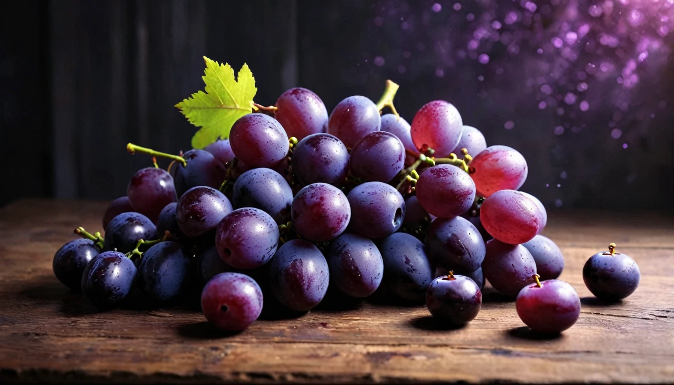 ((Masterpieces in up to 16K resolution):1.6),((soft_color_photography:)1.5), ((Super detailed):1.4),((Typical static images and dynamic angles):1.3),A bunch of fresh intact purple grapes.Flat lay on wooden table with black thick ink strokes background(Shimmer), (Visual experience) ,(realism), (actual),Award-winning graphics, Hidden Shot, film grain, Very detailed, Digital art, instant transfer, Unreal Engine, Scene concept anti-glare effect, All captured in sharp focus.