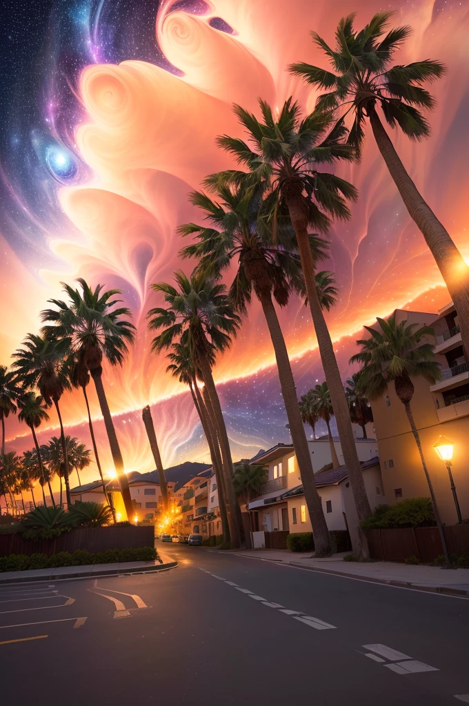 arafed image of a street with palm trees and a sky full of stars, ethereal starlit city at sunset, psychedelic sky, time - lapse, amazingly epic visuals, timelapse, waves of lights, colorful skies, planets in the skies, realistic photo from nasa, light streaks in the sky, colorful night sky, streaks, surreal sky, nebulas swirls