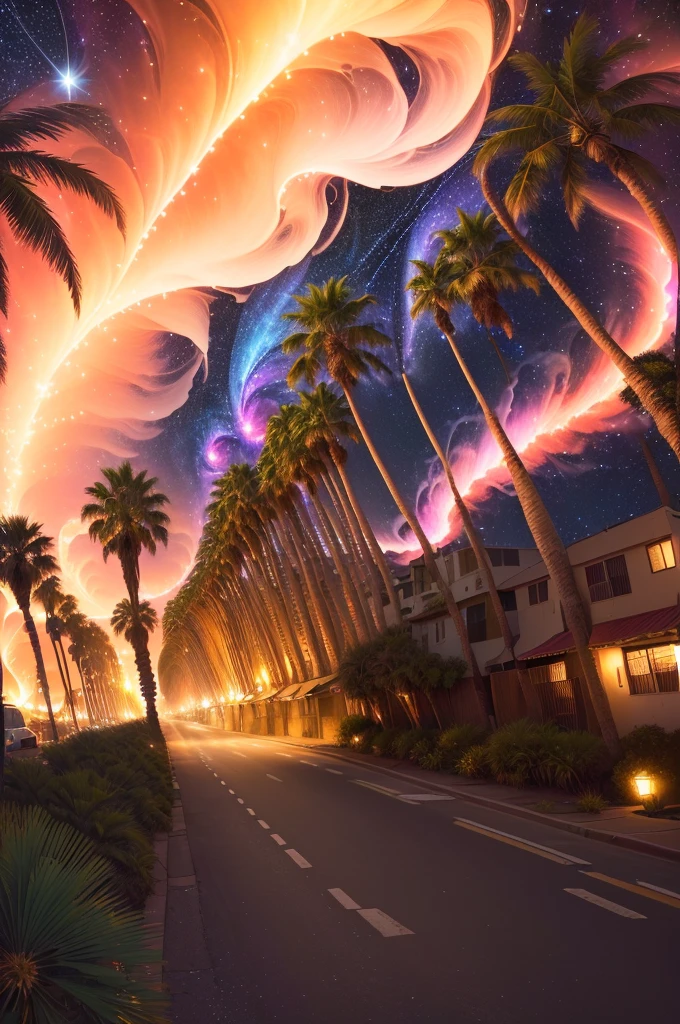 arafed image of a street with palm trees and a sky full of stars, ethereal starlit city at sunset, psychedelic sky, time - lapse, amazingly epic visuals, timelapse, waves of lights, colorful skies, planets in the skies, realistic photo from nasa, light streaks in the sky, colorful night sky, streaks, surreal sky, nebulas swirls