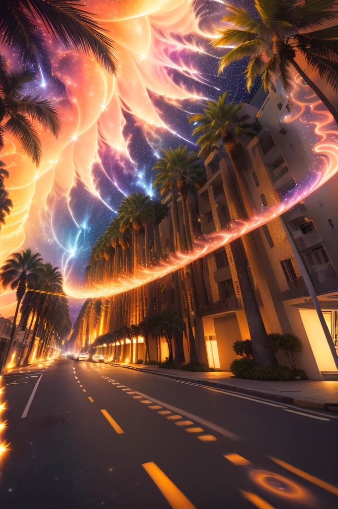 arafed image of a street with palm trees and a sky full of stars, ethereal starlit city at sunset, psychedelic sky, time - lapse, amazingly epic visuals, timelapse, waves of lights, colorful skies, planets in the skies, realistic photo from nasa, light streaks in the sky, colorful night sky, streaks, surreal sky, nebulas swirls