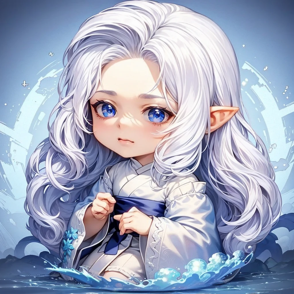 Chibi character pixel art, ((male)), 1 man, long white hair, white braided hair, ponytail, pointed elf ears, elf male, forehead, blue eyes, Chibi style, high quality pixel art, Gege Akutami, photography, beautiful , colorful, realistic, masterpieces, top quality, best quality, official art, beautiful and aesthetic, black kimono, perfect anatomy, mini custom chibi, snowy landscape, snowfall, gloomy,